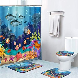 Britimes 4 Piece Shower Curtain Sets, Blue Ocean Fish with Non-Slip Rugs, Toilet Lid Cover and Bath Mat, Durable and Waterproof, for Bathroom Decor Set, 72" x 72"