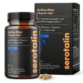 serotalin Active Men T Capsules Night | Ashwagandha Capsules High Dose - 500 mg KSM-66 (5% Withanolide) | Magnesium, Zinc, L-Theanine & OPC | Vegan & Made in Germany | 60 Capsules