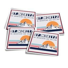 Vinyl Square Stickers (Set of 4) 10cm - Retro St Moritz Ski Cool Skiing Mountains for Laptops, Tablets, Luggage, Scrap Booking, Fridges #59039