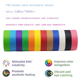 Colored Masking Tape,Rainbow Colored Painters Tape for Arts & Crafts, Labeling or Coding,School,Office &Home - Art Supplies for Kids - 12 Different Color Rolls