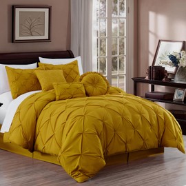 Chezmoi Collection Sydney Mustard Yellow Comforter Set Queen Size 7-Piece Pinch Pleated Pintuck Comforter Lightweight Bedding for All Season