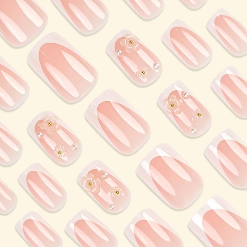 French Tip Press On Nails Fake Nails Medium Short Coffin