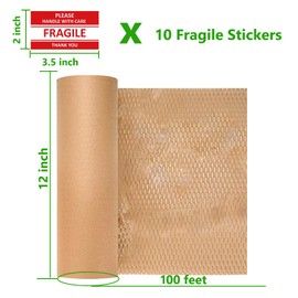 Honeycomb Packing Paper,12" W x 100' L Packing Paper for Moving,Products & Gifts Honeycomb Wrapping Paper,Recyclable and Biodegradable Cushioning Packing Material with 10 Fragile Sticker Labels