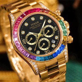 Luxurious Men's Watch with Colored Crystal Dial and Gold Finish, Skeleton Design, Royal Style for Business and Casual Occasions, High-Quality Chronograph, Perfect Gift for Any Occasion:_Gold Rubber