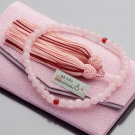 Butsudanya Takita Shoten Women's Prayer Beads, Red Crystal (Rose Quartz), Agate, 0.3 inch (7 mm) Ball, Pure Silk Bassel, With Prayer Bag, Can Be Used in All Sects, Kyoto Prayer Beads, Certificate Included