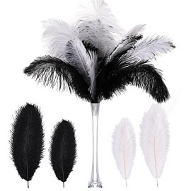XunYee 120 Pcs 1920s Natural Ostrich Feathers Bulk 10-12 Inch/ 12-14 Inch Large Ostrich Feather Plumes for Centerpieces Bulk Feathers for Wedding Dancing Table Party Decoration(Black, White)