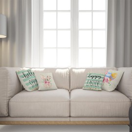 Happy Easter Rabbit Pillow Covers 18x18, Easter Egg Throw Pillows Case Hello Spring Pillow Case Festival Throw Cushion Cover Decorative Green Spring Cushion Covers,4 Pack