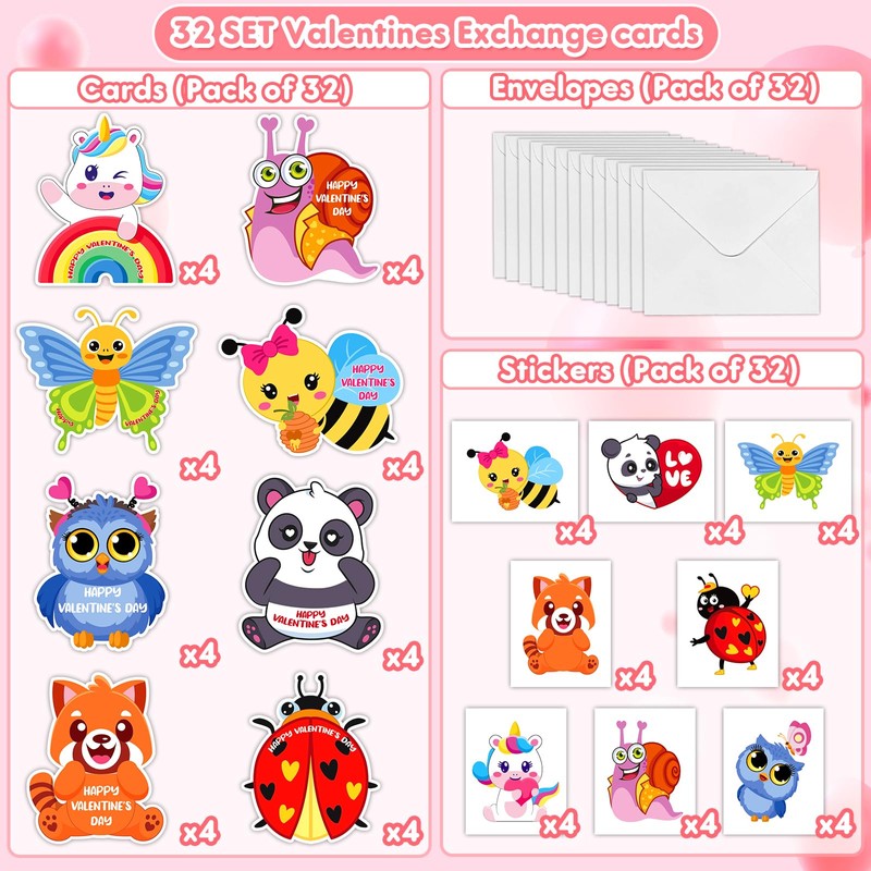 Mczan 32Pack Valentines Day Cards for Kids Classroom, Animal Valentines