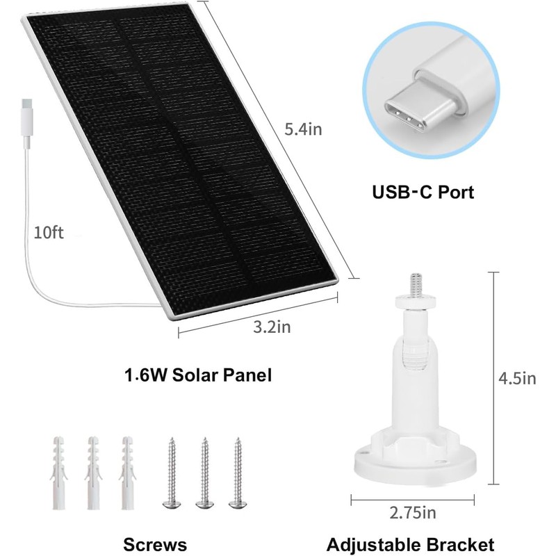 GMK 1.6W Solar Panel for Security Cameras, USB-C Port with