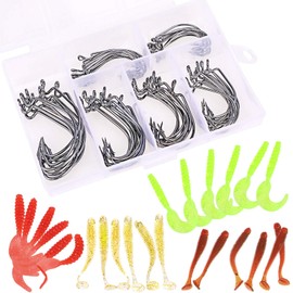84 Pieces/Set Carbon Steel Offset Hooks Worm Fishing Hook Set with Plastic Box, Offset Hook Fishing Hook for Fishing Rubber Bait Rubber Fish Jigs Creature Bait, Saltwater Fishing Hooks Fishing