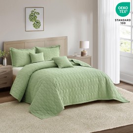 Blythease Oversized King Bedspread 128x120 Extra Wide, Modern & Contemporary Look, Lightweight Bedding Cover, Reversible, 5 Piece Set, Sage Green