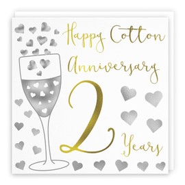 Hunts England - 2nd Wedding Anniversary Card - Happy Cotton Anniversary - 2 Years - Silver Hearts Collection - For Couple, Husband, Wife, Friends