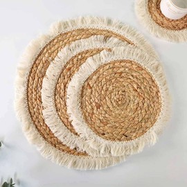 SHTGOI Pack of 2 Macrame Coasters, Handmade Woven Round Place Mats with Tassels, Non-Slip, Heat-Resistant, Boho Cotton Placemats, Coasters for Home, Restaurant, Office, Bar, Primary Colour, 30 cm