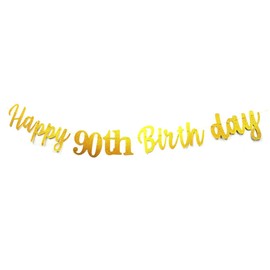 Gold Happy 90th Birthday Banner Sign Gold Glitter 90 Years Birthday Party Decorations Supplies Anniversary Celebration Backdrop Pre-Assembled