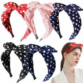 KuuGuu 5 PCS Polka Dot Headbands for Women Girls Bunny Ear Knotted Bow Head bands Cute Retro Wide Headdress Fashion Anti-slip Hair Accessories Daily Birthday Party Christmas Hair Decoration （5 Color）