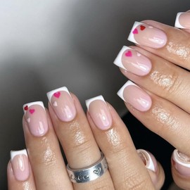 French Tip Press on Nails Short -Nude Pink Heart Press on Nails,Square Shape Fake Nails with Designs Glossy Reusable Stick on Nails in Glue on Nails Cute Short Square Small Heart Nails for Women 24Pcs