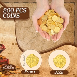 Hanaive 200 Pcs Metal Pirate Coins Set Gold Coins Treasure Chest Spanish Doubloon Fake Tokens for Boys and Girls Board Games Pirate Party Cosplay(Gold)