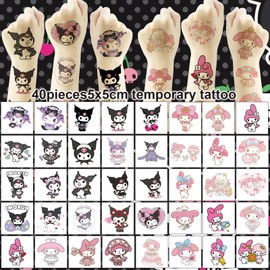40 Sheets Kuromi and Melody Temporary Tattoos Birthday Themed Party Supplies Favors Cartoon Cute Non Repetitive Waterproof Sticker for Kids Boys Home Activity Class Prizes Carnival Christmas Rewards