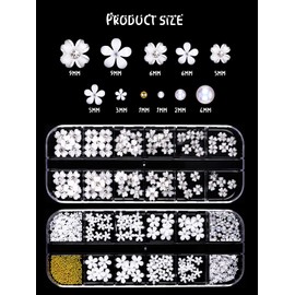 EBANKU 3D Acrylic Flowers for Nails Five-Leaf Flower Ornaments Nail Gemstones White Flower Nail Art Charm Nail Flower Pearl Caviar Beads Glitter for Nail Art Decoration