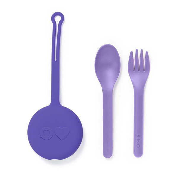 OmieBox - Juego de utensilios para niños con estuche - 2 piezas de plástico, tenedor reutilizable y cuchara cubiertos con cápsula para niños (lila)