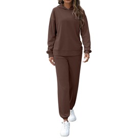REORIA Women Cotton Tracksuit Set Long Sleeve Two Piece Outfit Solid Color Lounge Wear Sets Hoodies and Jogger Co Ord Sets Coffee XXL