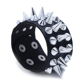 Caiyao Punk Gothic Tine Spike Rivet Bracelets Adjustable Studded Buckle Cuff Biker Leather Bangle Snap Button Wristband for Men Cool Personality Jewelry-A black
