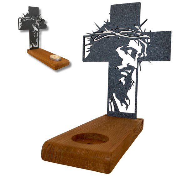 Jesus Christ Cross Shadow Tea Light Holder with Wooden Base