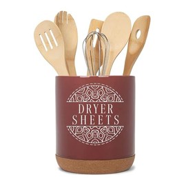 Elanze Designs Dryer Sheets Circle Design X-Large Cork Bottom Ceramic Stoneware Cleaning Supplies Holder, Spatula Caddy, Crock Container, Kitchen Storage Organizer Home Décor, Burgundy Red