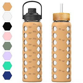 MUKOKO 32oz Glass Water Bottles with 2 Lids-Handle Spout Lid&Bamboo Straw Lid, Motivational Water Tumbler with Time Marker Reminder and Silicone Sleeve, Leakproof-Amber-1 Pack