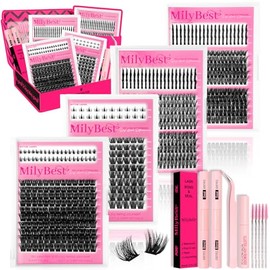 MilyBest Lash Clusters Kit 808Pcs Eyelash Clusters with Spikes and Bottom Lashes Clusters D Curl 4 Styles Lash Kit Fluffy DIY Individual Eyelashes Glue Wispy Cluster Eyelash Extensions Kit De Pestañas