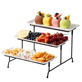 Unbreakable 3 Tier Serving Tray for Party, 11.8" x 5.2'' Melamine Platters for Serving Party Entertaining, White Tiered Serving Trays Platters with Black Metal Display Stand for Veggie Fruit Dessert