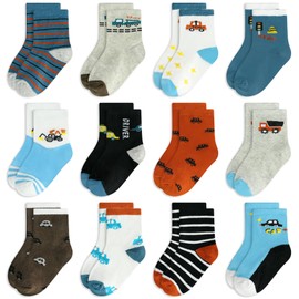 GENTABY 12 Pairs Boys Crew Socks Kids Toddlers Socks Organic Cotton Design of Cartoon and Striped Patterns Cosy Breathable Multiple Colors for 5-7 Years