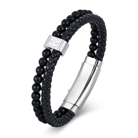 FLHEART Initial Black Leather Bracelet for Men, A-Z Letters Agate Stone Beaded Braided Leather Cuff Bracelets with Initial, Adjustable Wrist Bracelet for Mens Jewelry Gifts,7.5-8.3 Inches