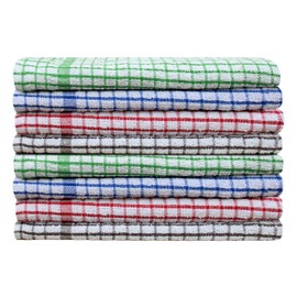 QCS Pack of 10 Monocheck Terry Tea Towel, 100% Combed Organic Cotton, Ultra Absorbent - SuperDry, Lint Free, High Density Weave Construction, Jumbo Size (46cm x 67cm) (assorted, 10)