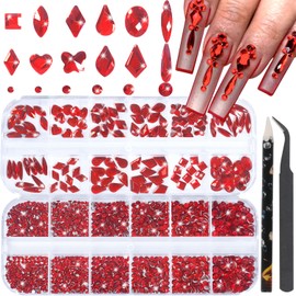 DZHILHMX Nail Rhinestones - 3D Multi Shape Size, Flat Back, Crystals Manicure Rhinestones Charms, Red Nail Gems, with Kit, for Nail Art, Bedazzling Acrylic Nails, DIY Decor