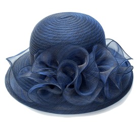 Organza Church Fascinator Wedding Tea Party Derby Hats for Women Flower Wide Brim Sun Hat, Navy - Style 1