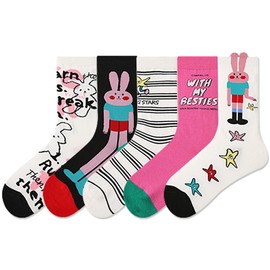 IIG Womens Girls Novelty Funny Crew Socks Cute Animal Bear Socks for Girl's Gift (Cute rabbits 01-5 pairs)