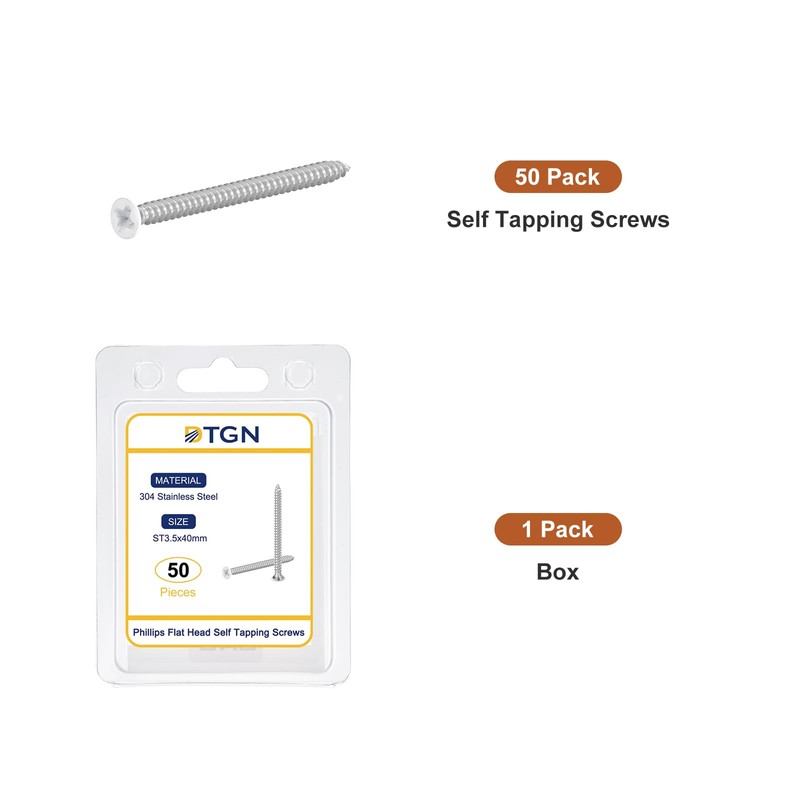 DTGN 50Pcs ST3.5x40mm Flat Head Wood Screws, 304 Stainless Steel