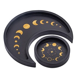 Crescent Moon Crystal Holder Tray Set, Black Wooden Wiccan Healing Stone Decorative display with Round Jewelry Dish, Lunar Phases Essential Oils Organizer for Altar Table Dorm Vanity Boho Home Bedroom