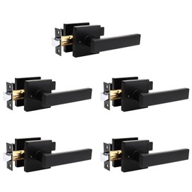 Orger 5 Pack Privacy Door Handle Matte Black Keyless Interior Door Lock for Bed and Bath, Modern Style Door Lever with Square Rose Reversible for Left & Right, Stainless Steel Door Lever Handle