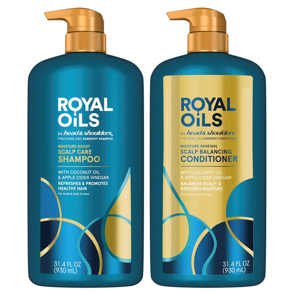 Head & Shoulders Royal Oils Dandruff Shampoo & Conditioner Set with Coconut Oil and Apple Cider Vinegar, Curly Hair Products, 31.4 Oz Each