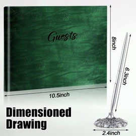 Leather Guest Book and Pen Stand Set, 10.5" x 8" Embossed Guests Sign in Book Registry Book for Funeral, Wedding Reception, Vacation Homes and Events, 80 Sheets (Green)