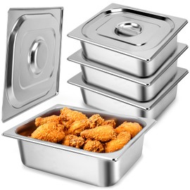 HLHgirl Hotel Pan, Full Size Steam Table Pan 4" Deep Stainless Steam Table Pan with Lid Full Size Food Pan 13" L x 10.4" W Anti Jam Stainless Steel Buffet Pan Commercial Stainless Steel Pan (4 Pack)