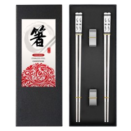 2 Pairs Metal Chopsticks, Stainless Steel Chopsticks Comes with Two Chopstick Holders, Chopsticks Reusable - Dishwasher Safe (Gift Packaging)