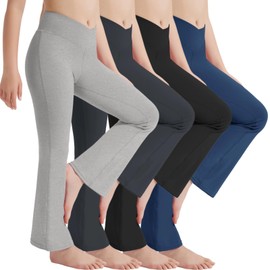 EXARUS 4 Pack Girls Flare Leggings Kids Yoga Pants Crossover V Waist Bell Bottoms High Waisted for School Casual Black Blue Dark Grey Heather Grey 12Y