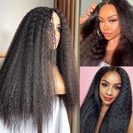 LOLYDEER 24 Inch Kinky Straight Lace Front Wig 13x1 Middle Part Dark Brown Frontal Wig HD Lace Front Synthetic Wig Pre Plucked Glueless Kinky Curly Afro Wigs For Black Women