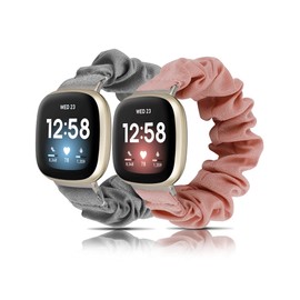 Wearlizer Compatible with Versa 3 Straps/Versa 4 Strap for Women, Scrunchie Bands Stretchy Bracelets Elastic Breathable Wristbands Replacement Strap for Sense/Sense 2 Smartwatch(Pink/Gray, S)