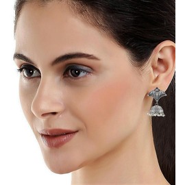 Indian Kundan Bollywood Traditional Ethnic Bridal Bride Wedding Gold Plated CZ Stones Jhumka Chandbali Dangle Pearl Earrings Jewelry (Grey) (Silver 1)