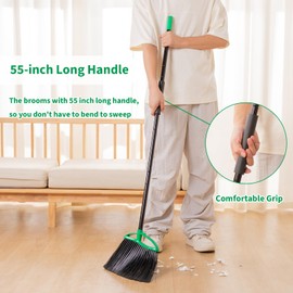 2 Pack Heavy-Duty Broom, 55" Long Adjustable Handle Indoor/Outdoor Large Angle Brooms, Household/Commercial Floor Cleaning, for Sweeping Home, Kitchen, Office, Lobby, Deck, Garage, Patio, Shop (Green)