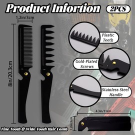 Realand 2Pcs Folding Pocket Beard Comb for Men - Fine Tooth & Wide Tooth Hair Comb with Stainless Steel Cover, Small Travel Comb for Styling Hair, Beard or Mustache (black)